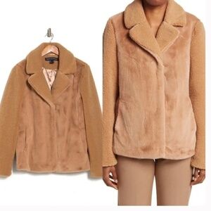 French Connection Faux Fur Coat Mixed Media Short Coat In Camel Size Medium